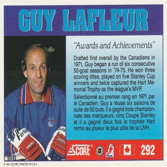 Guy LaFleur "Awards & Achievements" 1991 Score Series Card - Card Number 292 - Picture 2 of 2